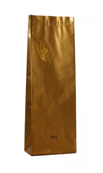 Blockbodenbeutel/Teebeutel 3-lagig gold mit Aufdruck schwarz 100g